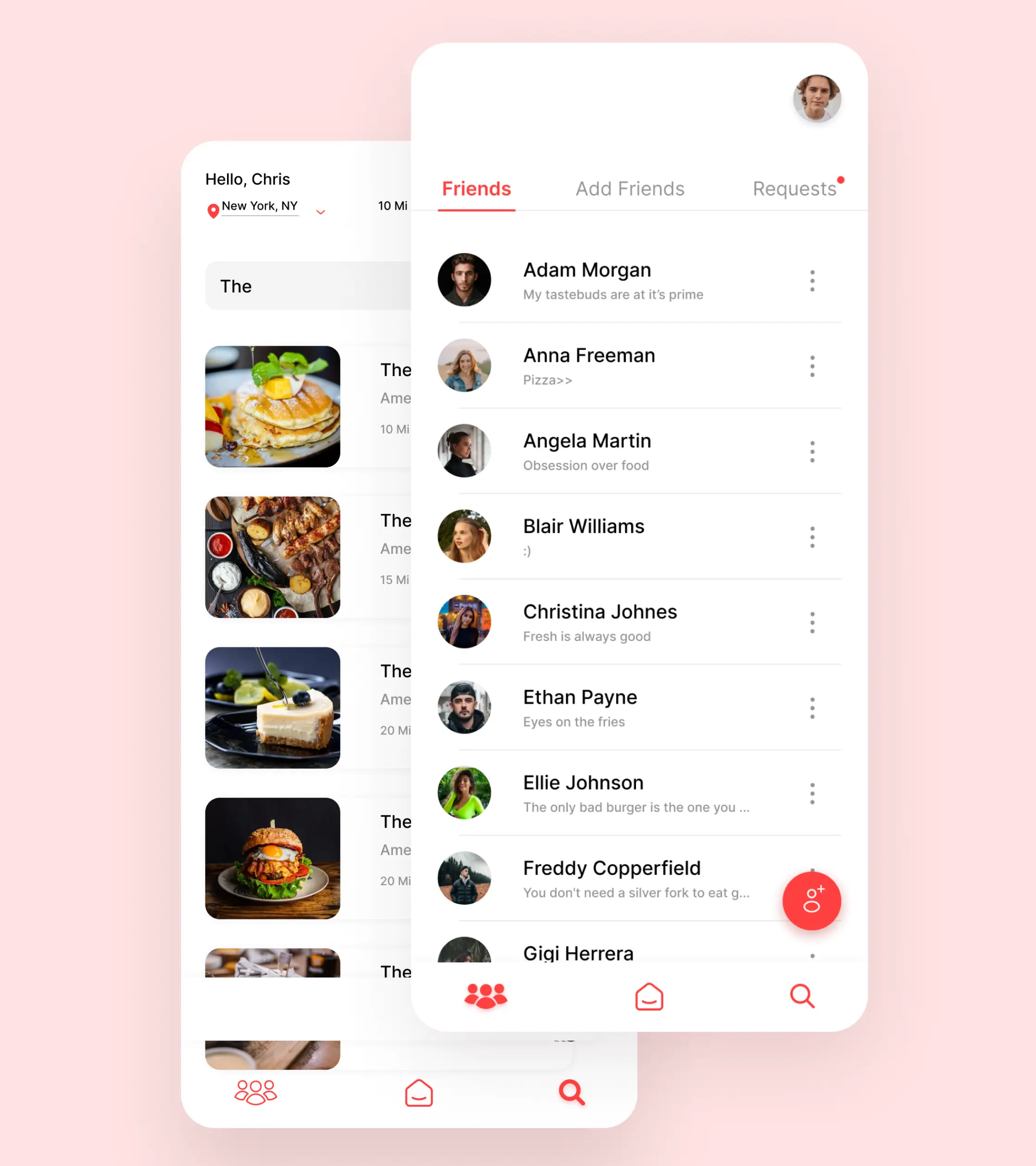 the taste app, friends list and restaurant menu ui